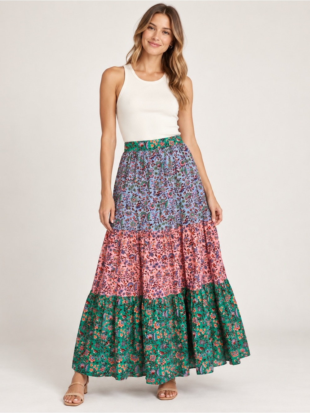 Boden Tiered Floral Maxi Skirt Women’s US 4 UK 8 Boho Colorblock